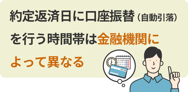 約定返済日に口座振替(自動引落)を行う時間帯は金融機関によって異なる